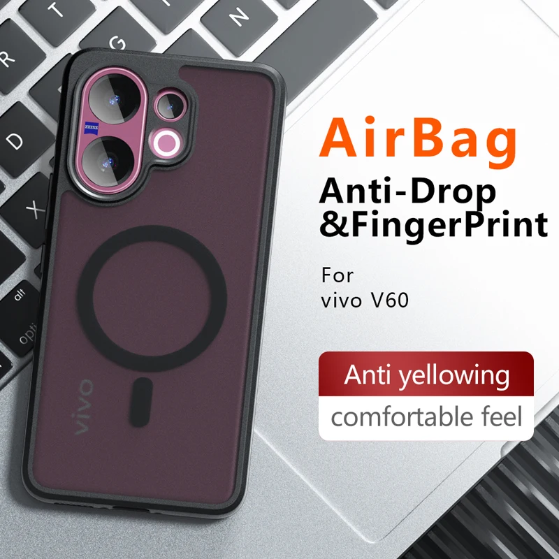 

For Vivo V60 Case Shockproof Magnetic Matte PC+TPU Anti-fingerprint Translucent Cover for VIVO V 60