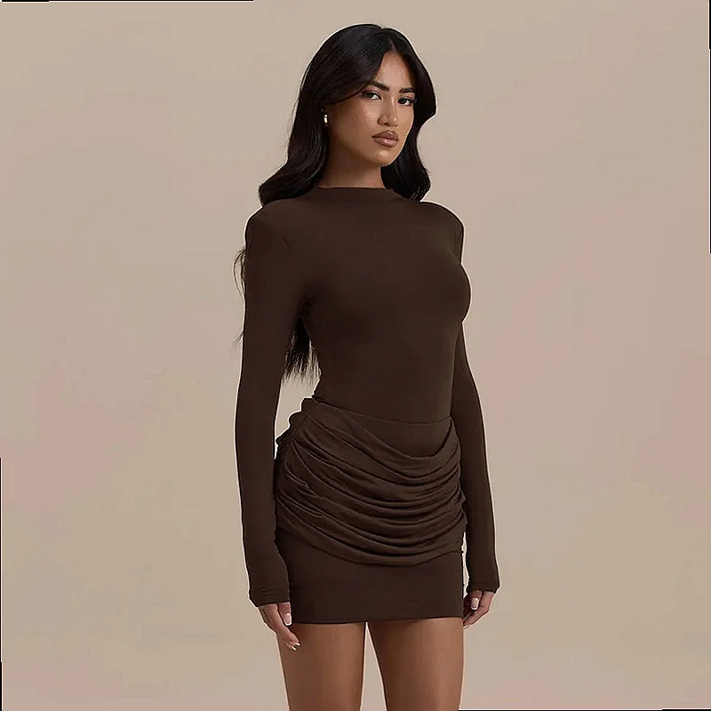 Solid Color Round Smocked Bodycon Dress Long Sleeve Fitted Waist Slimming Elegant Dresses for Women Spring Summer