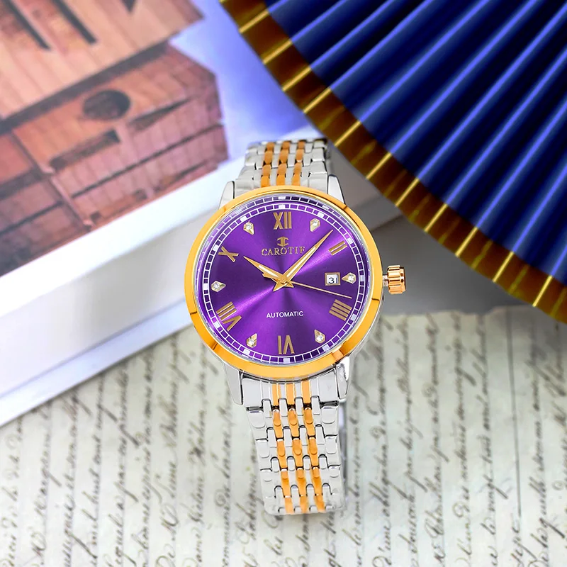 

A men's two-tone gold and purple steel band fashionable and personalized calendar tourbillon fully automatic mechanical watch