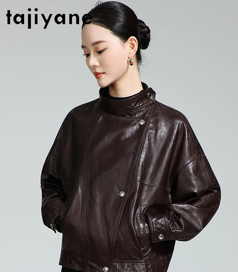 TAJIYANE chaqueta de piel de oveja auténtica para mujer, abrigo corto elegante de cuero genuino, prendas de vestir holgadas para mujer, ropa de otoño 2025 para mujer 