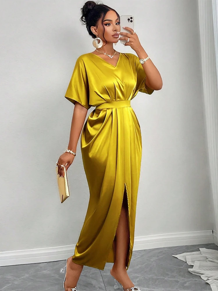 

Elegant Long Dress American Women's Clothing 2025 Spring Summer New Temperament V Neck Short Sleeved High Waisted Slit Dress