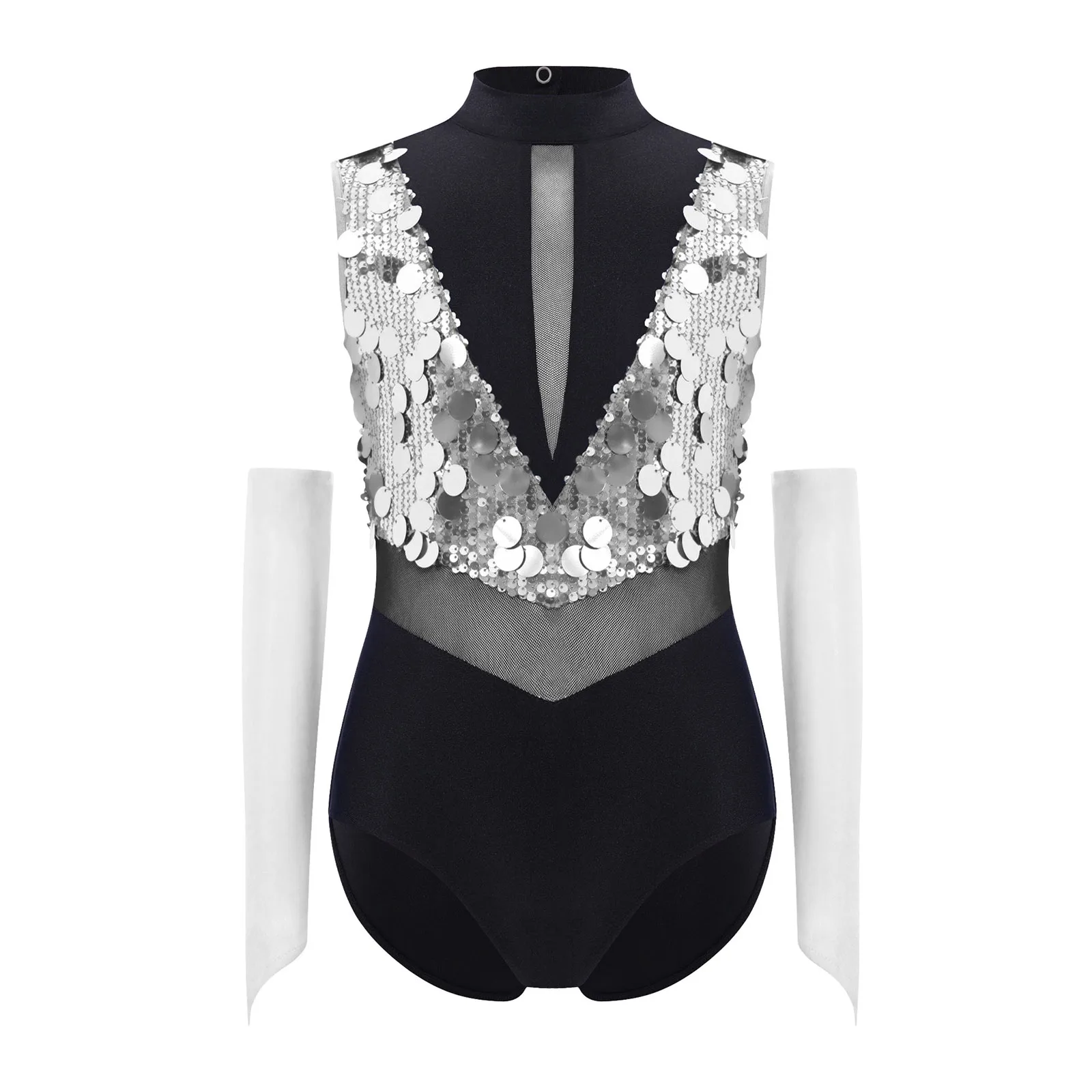 

Kids Girls Jazz Latin Dance Leotard Gymnastics Performance Outfit Sleeveless Cutout Color Block Shiny Sequins Bodysuit+Gloves