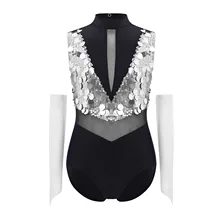 Kids Girls Jazz Latin Dance Leotard Gymnastics Performance Outfit Sleeveless Cutout Color Block Shiny Sequins Bodysuit+Gloves