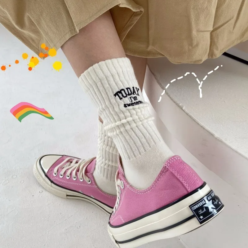 Funny Letter Socks Cotton Embroidery Today I’m Awesome Japan Designer Socks Korean Couple Mid-tube Sock Sports for Men Women