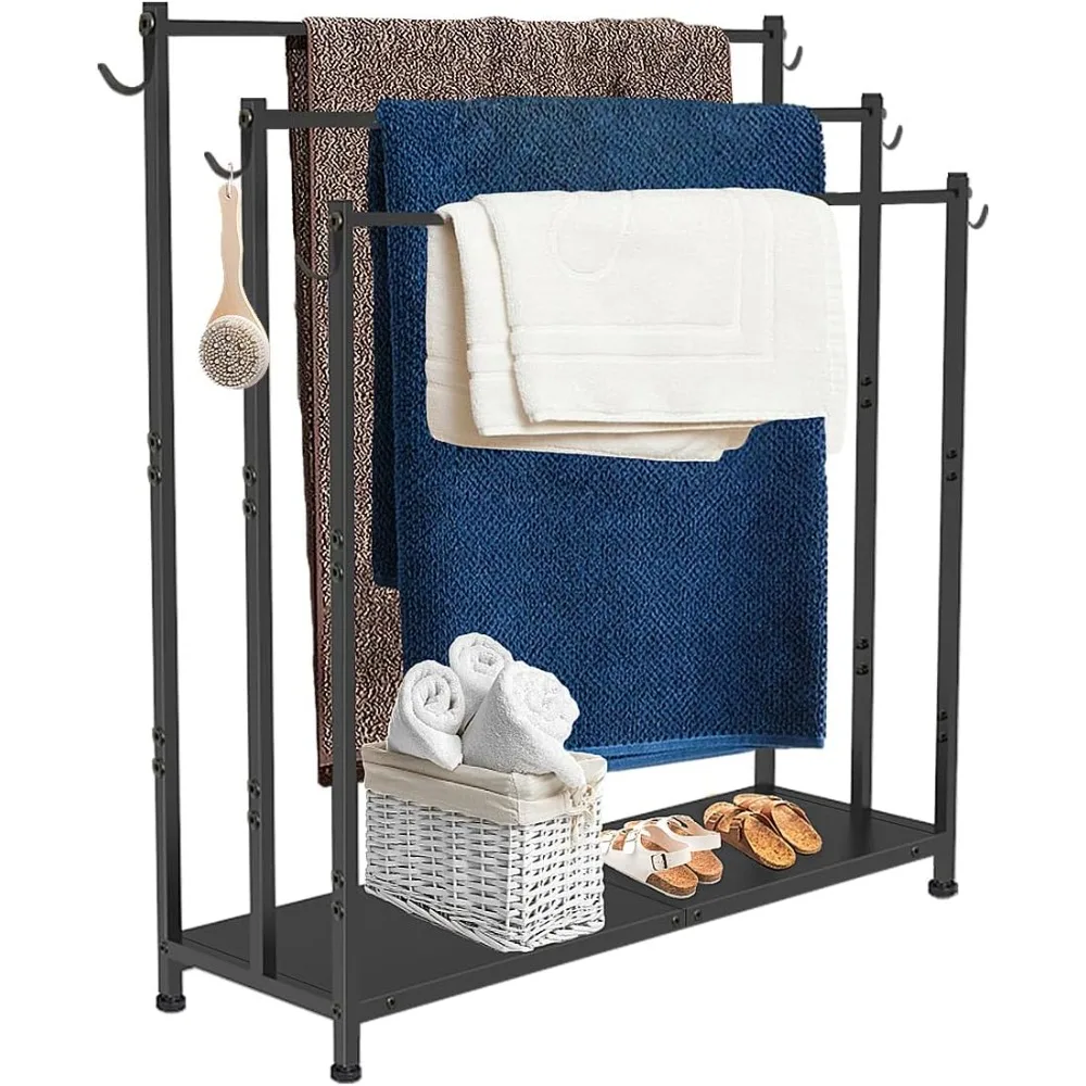 Free Standing Towel Rack with Metal Storage Shelf & 6 Hooks for Bathroom, 3 Tiers Heavy Duty Blanket Drying Stand Holder