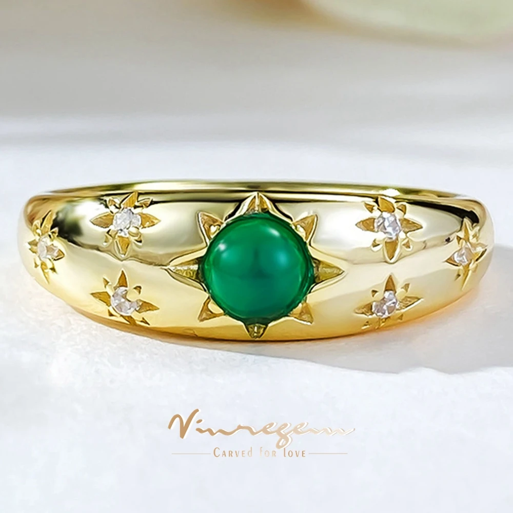 

Vinregem 4 MM Round Green Jade Gemstone Vintage Ring For Women 18K Gold Plated 925 Sterling Silver Engagement Party Fine Jewelry