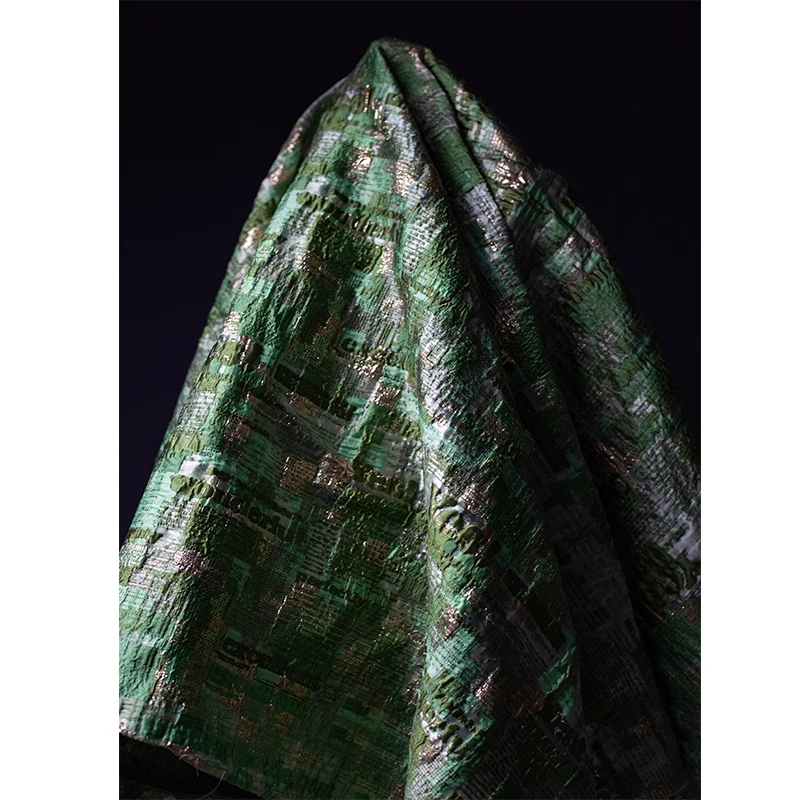 Green and Gold Heavy-duty Ruffled Texture Jacquard Fabric English Newspaper Texture Puffed Large Silhouette Bubble Skirt Fabric