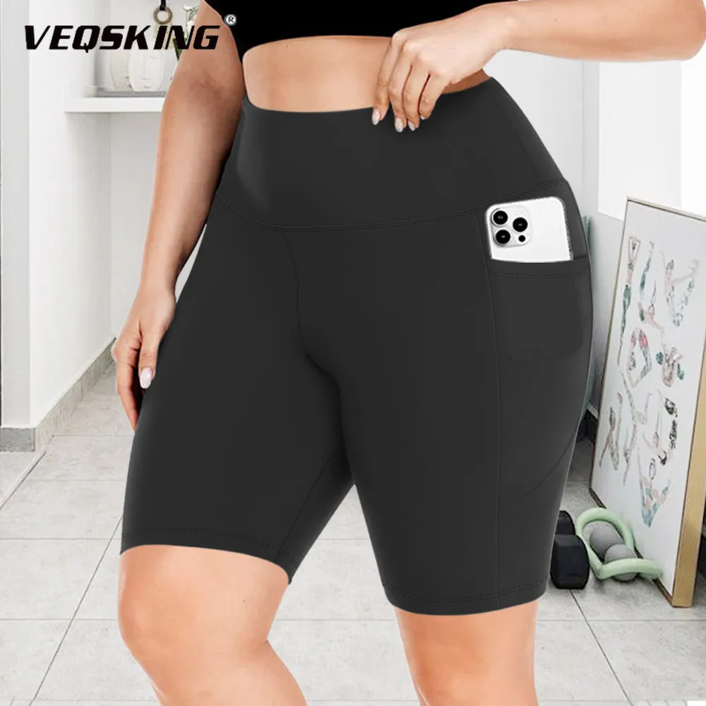 

VEQKING Summer plus size 5 yoga pants for women, high waist, fat and thin, crescent pocket sports pants look slim