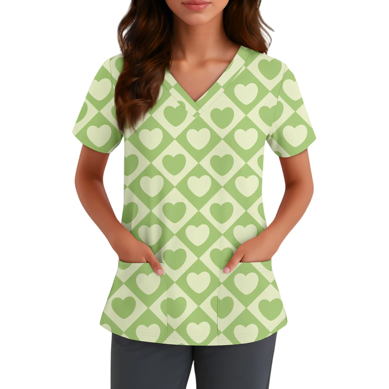 

Women'S Green White Heart Check V-Neck Top Short-Sleeve Pocket Blouse Adult Daily Valentine'S Day Nurse Uniforms Apparel Traje