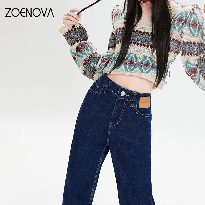 ZOENOVA Spring Korean Version Versatile Women\'s Jeans Street Cool Girl Straight Wide Leg Pants Retro High Waist Casual Trousers