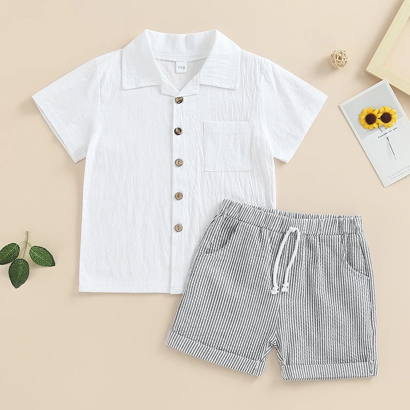 Kid Boys Pants Suit Casual Street Summer Short Sleeve Lapel Tops Striped Short Pants Tracksuit For Children