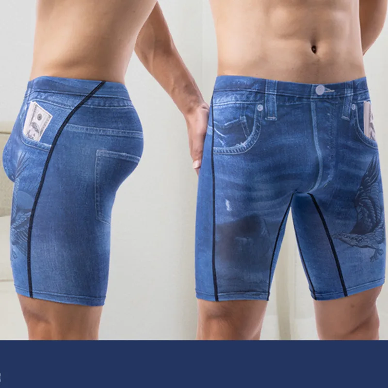 Men\'s Boxers Shorts Homme Print Jean Underwear Man Breathable Ice Silk Panties Pouch Long Leg Underpants Cueca Calzoncillo L-4XL