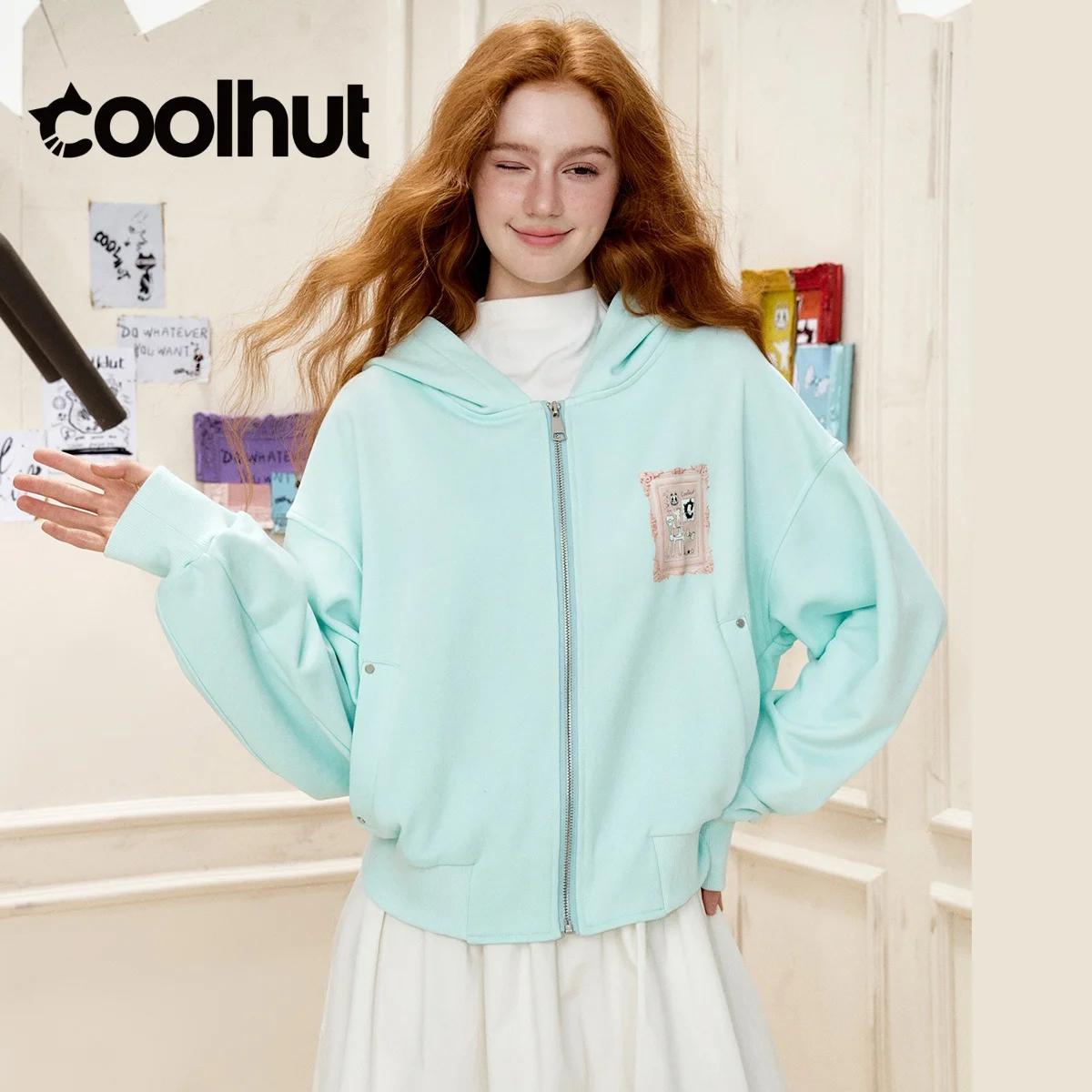 Coolhut 2025 feminino vintage estilo americano com capuz impresso cardigan jaqueta solta ajuste frente aberta design exclusivo nicho outono outerwear