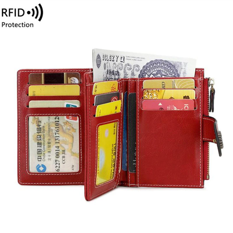 Women Small PU Leather Wallet Large Capacity Card Holder Anti RFID Coin Purse for Women Red Black Color Fashion Mother Gifts