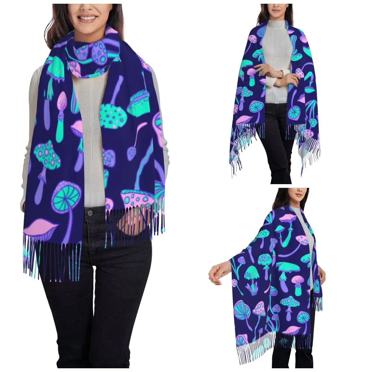 Mushrooms Scarf for Women Warm Winter Cashmere Shawls and Wrap Psychedelic Hippie Single-sided Pattern Scarves with Tassel