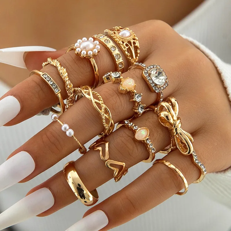 Cross-border European and American butterfly diamond ring mixed batch pearl ring, leaf geometric alloy ring set