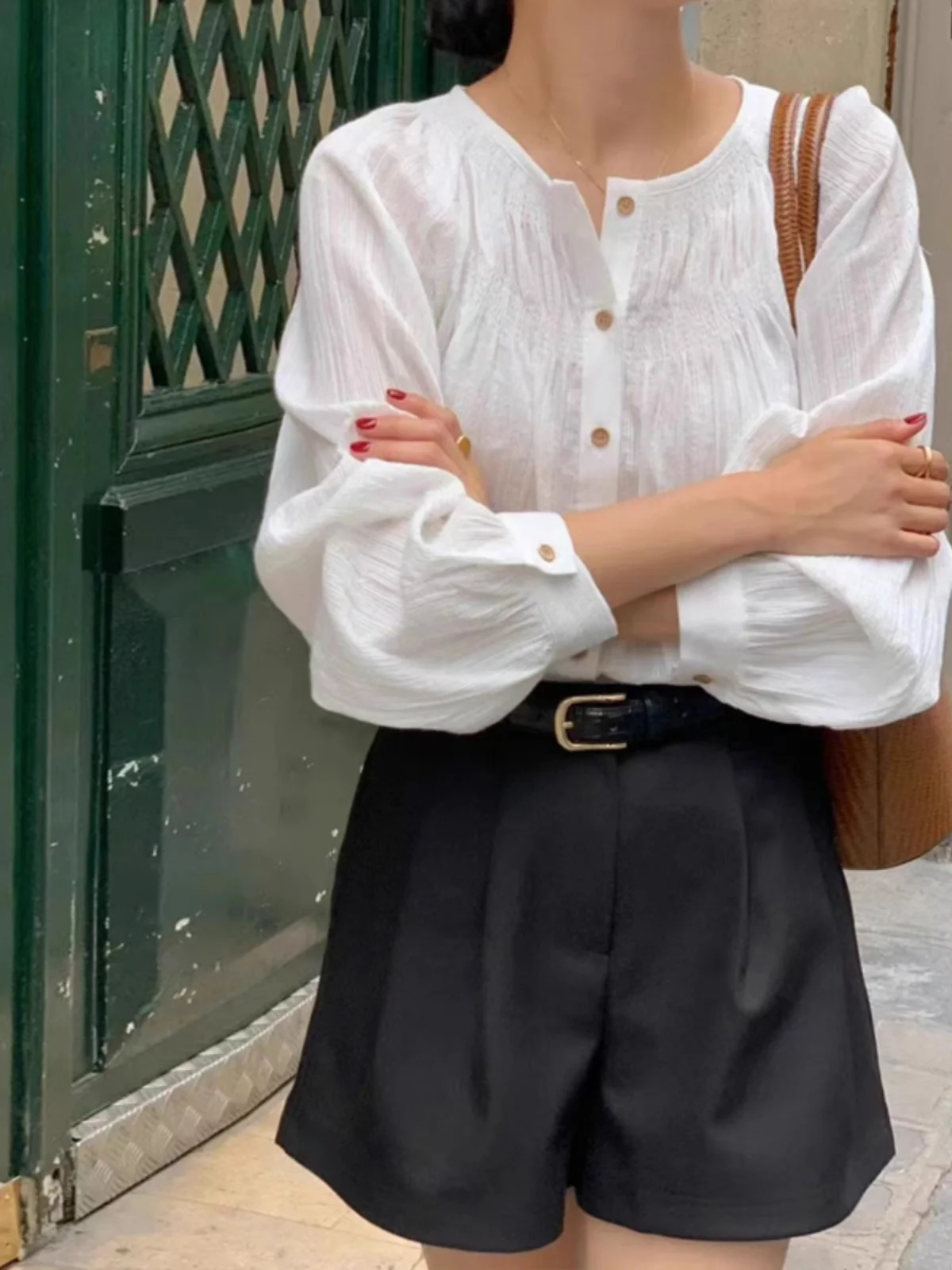 

Ele Vintage Women's Long Sve irt round Ne Single Button Soft Folded Top Korean Sle Loose Fit Button Detail