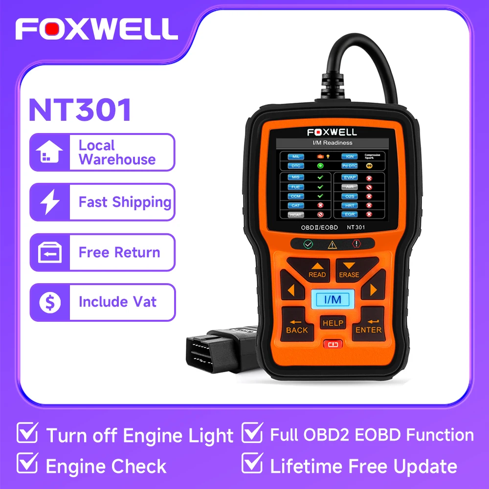 FOXWELL NT301 OBD2 Scanner Full OBD EOBD Function  Engine Code Reader Automotive Scanner Engine Check Car Diagnostic Tools