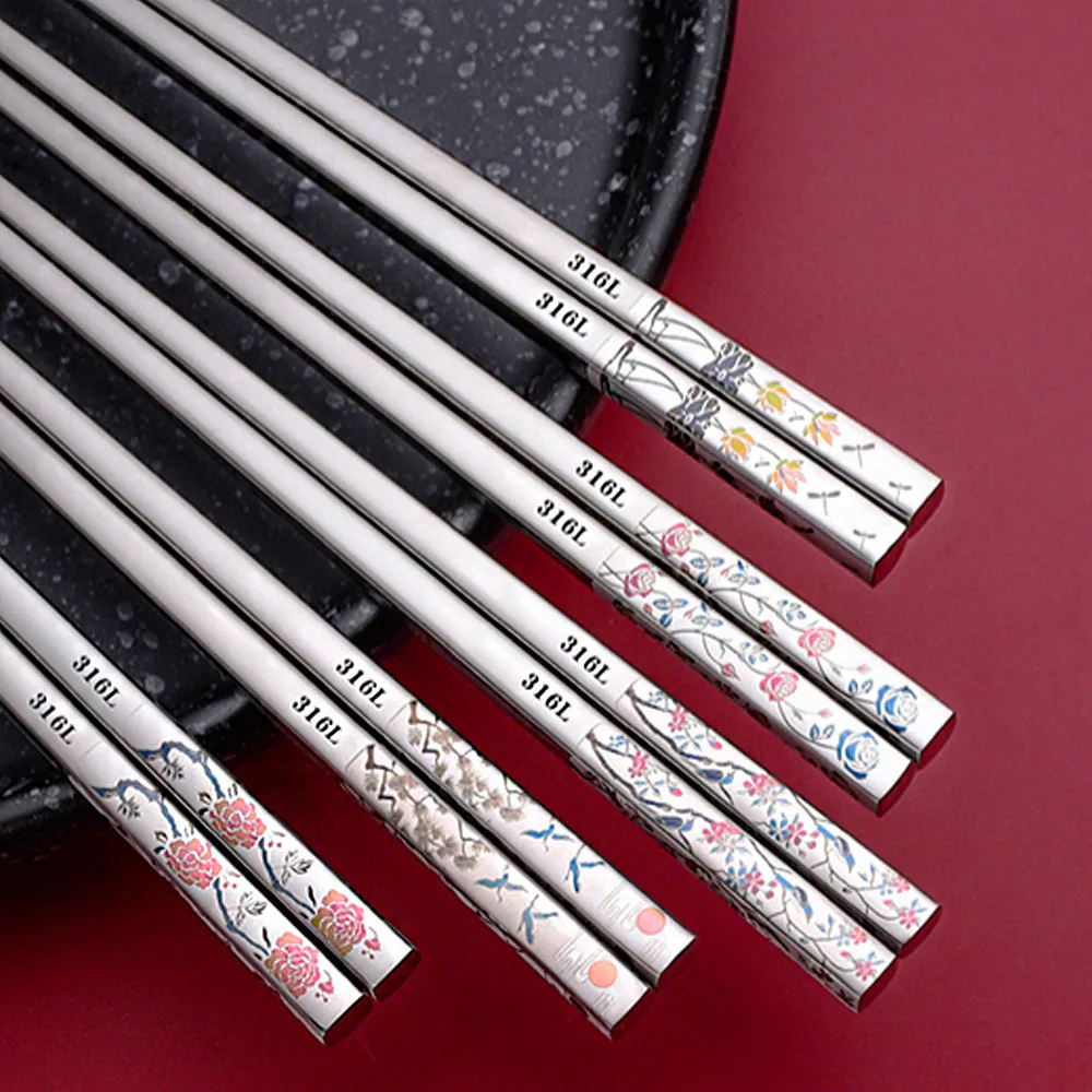 Traditional Chinese Style Color Printed Titanium-plated 316L Stainless Steel Chopsticks Non-Slip Anti-Mold Household Tableware