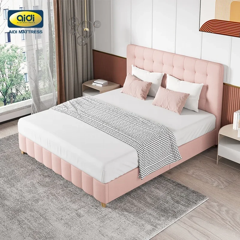 King Size Pink Upholstered Bed Diamond Tufted Headboard Kids Children Girls Bedroom Furniture Bedding Sets With Platform Fram