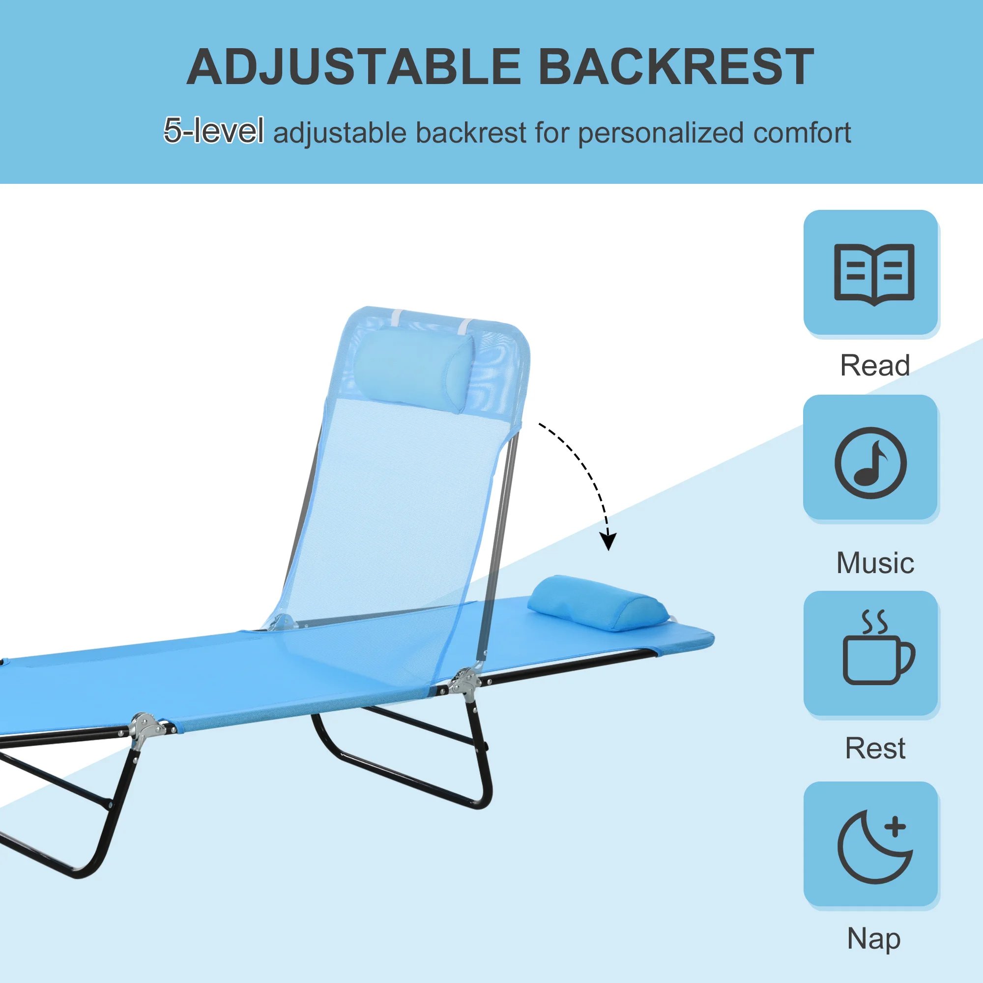 

Folding Chaise Lounge Chair Outdoor Reclining Sun Lounger 5 Position Adjustable Back Breathable Mesh Steel Frame for Pool Beach