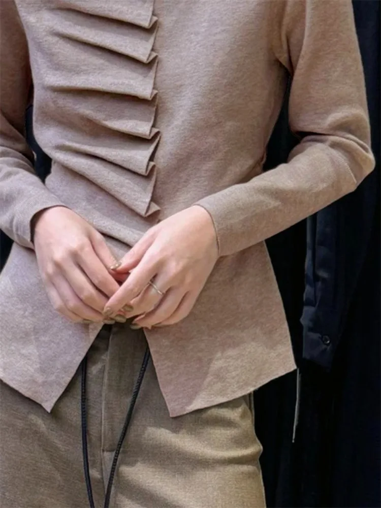 Yeezzi Damesmode Ruches Hoge Hals Gebreide Truien Lange Mouwen Slanke Onregelmatige Zoom Casual Herfst Winter Dieptepunt Trui