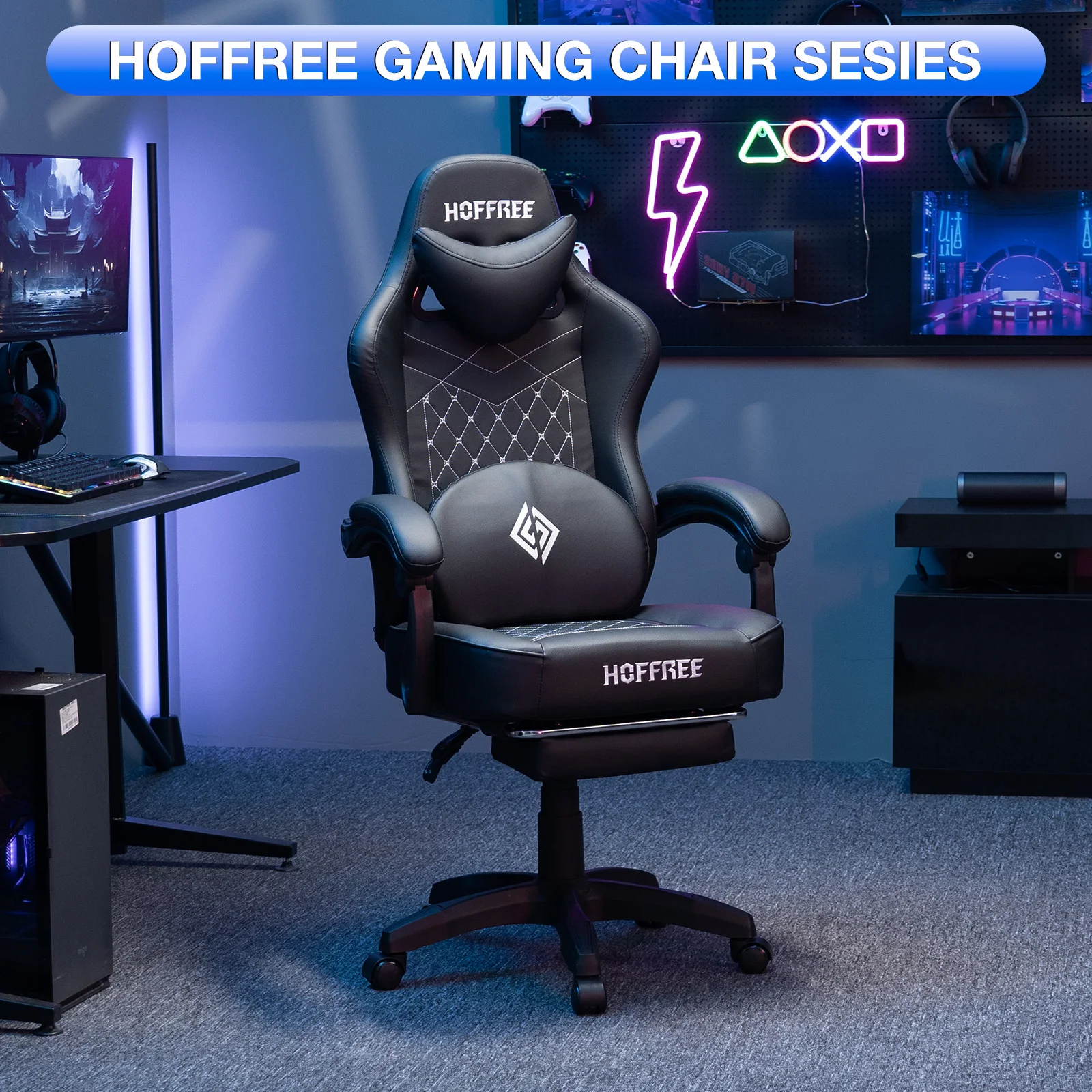 Silla de cuero para juegos con reposapiés, Altavoz Bluetooth, función Dual, masaje, altura ajustable, reclinable, ordenador, silla de oficina, sofá
