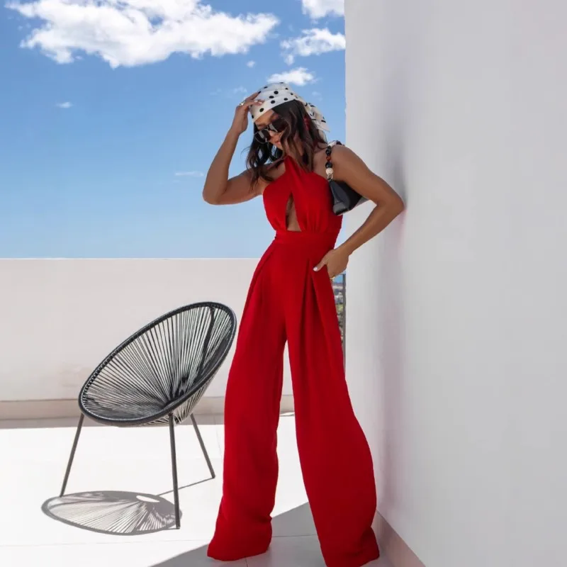Summer Sexy Sleeveless Neck Halter Jumpsuits Women Fashion Solid Hollow Out Wide Leg Pants One Pieces Sets
