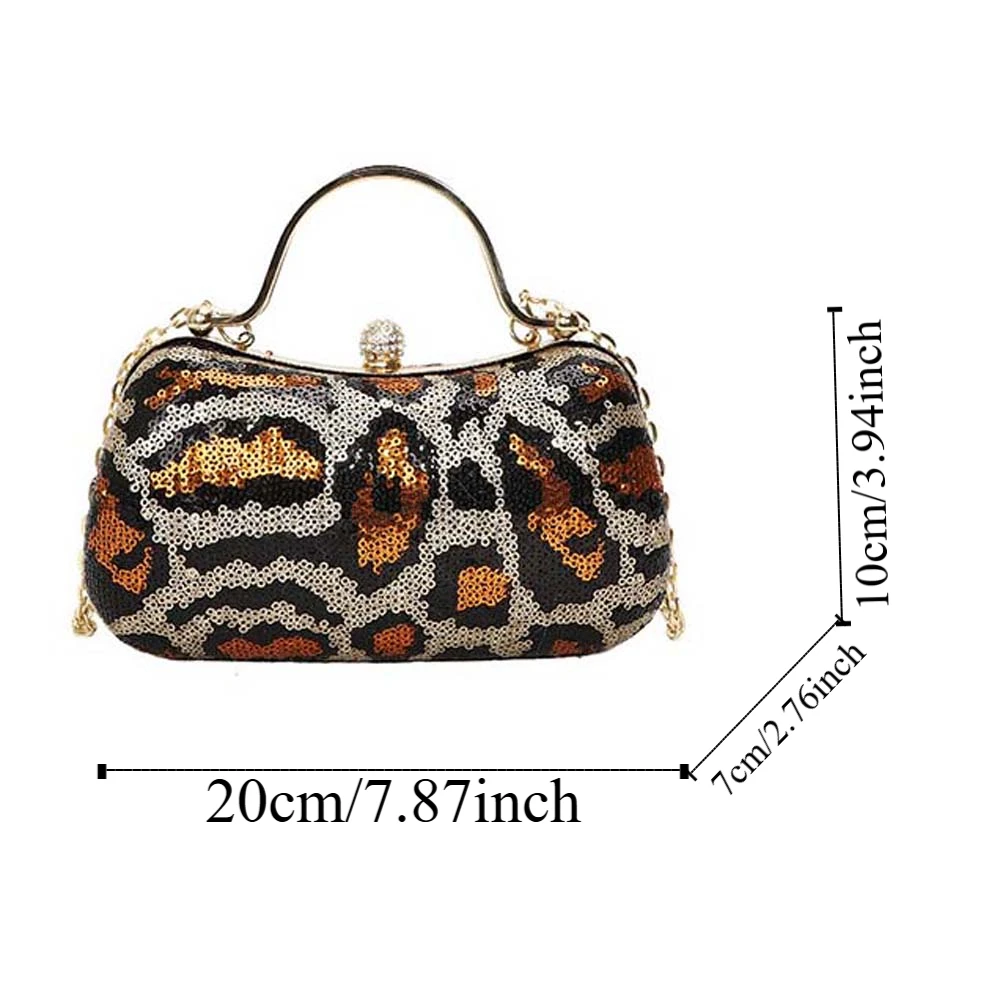 Bolso portátil para banquete de noche con estampado de leopardo, bolso de mano con purpurina brillante para mujer, bolso de mano con caja de poliéster de cuero PU para niñas