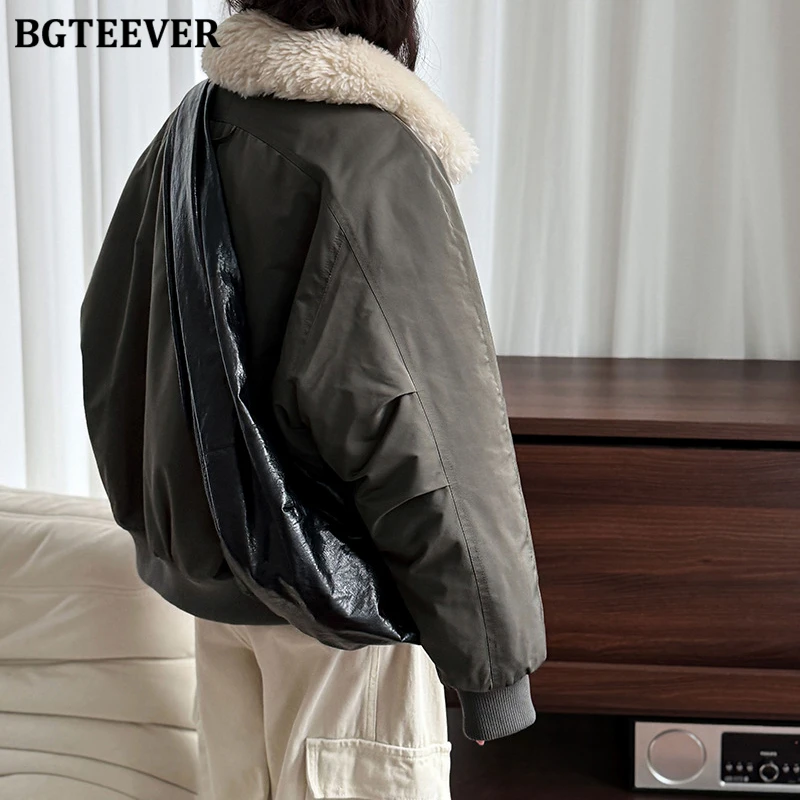 BGTEEVER Eleganckie Jesienno-Zimowe Kurtki Damskie z Luźnymi Kieszeniami, Zapinane na Zamek, Codzienne Kurtki z Długim Rękawem, Kołnierzem, Grube i Ciepłe Płaszcze Damskie