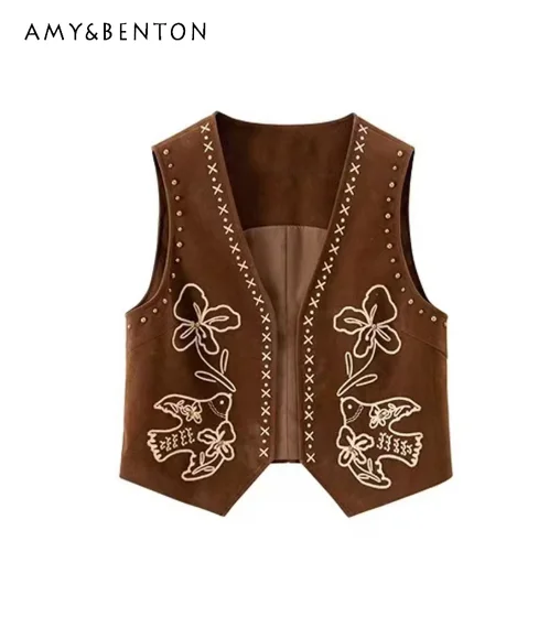 

2025 Spring and Autumn New Vintage Women's Embroidered Rivet Brown Short Versatile Casual Fitted Cardigan Vest