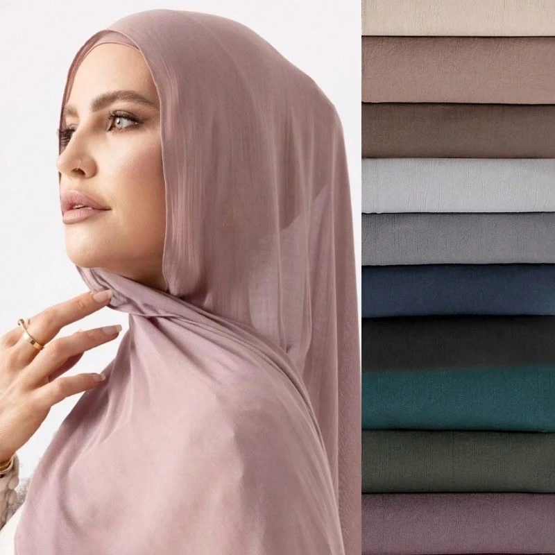 

Women Crinkle Cotton Hijab Scarf Soft Comfortable Wrinkle Cotton Shawl Muslim Premium Quanlity Headscarf Solid Color Turban