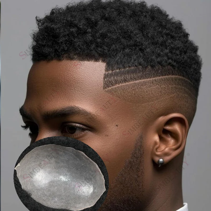 

Супер прочная основа с двойными узлами на коже, 4 мм, афро-черная мужская вьющаяся прическа для мужчин, парик, черные человеческие волосы, протез