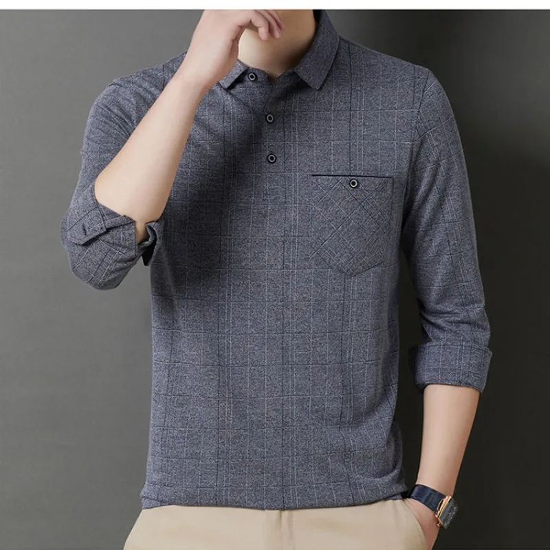 Spring Summer New Men's Polo T-shirt Casual Versatile Turn-down Collar Pullover Plaid Striped Button Long Sleeve Vintage Tops