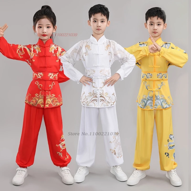 2024 chinese children shaolin kung fu uniform dragon print martial art suit wushu tai chi costume sport training exercise set