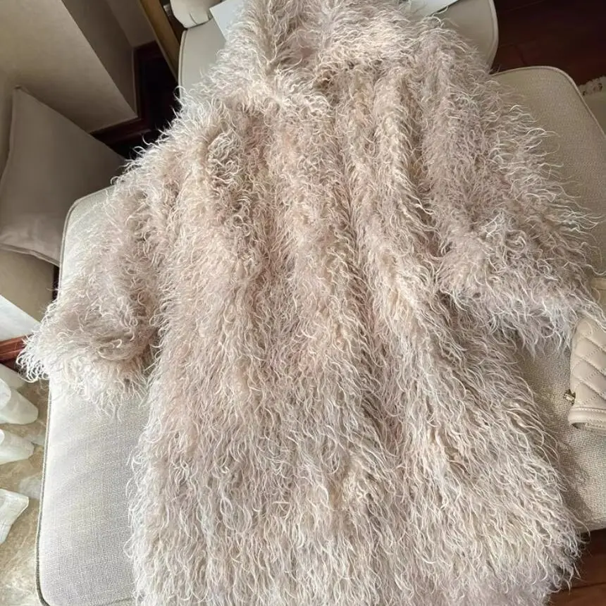 

High quality Winter Pink 3 inch Long Hairy Curly Faux Sheep Fur ex-Long Coat Women Loose Warm Shaggy Jacket Vintage Outerwear