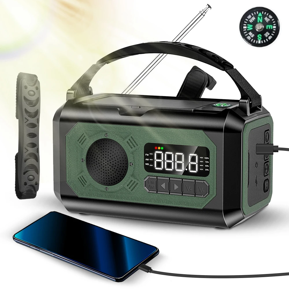 ฉุกเฉิน Crank วิทยุสภาพอากาศ NOAA Weather Alert 12000mAh Solar Hand Crank แบบพกพา AM/FM/WB วิทยุ 3 โหมดไฟฉาย