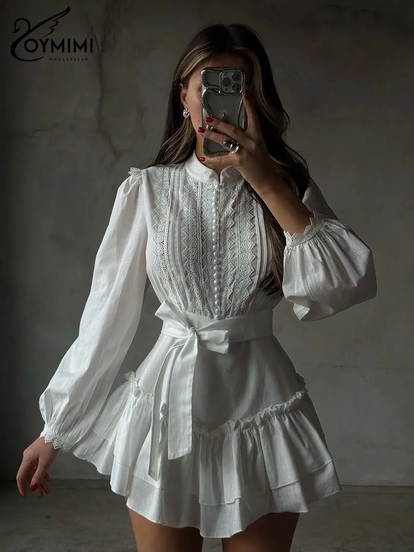 

Oymimi Elegant White Cotton Women's Dress Fashion O-Neck Long Sleeve Lace Dresses Autumn Lace-Up Pleated Mini Dresses Streetwear