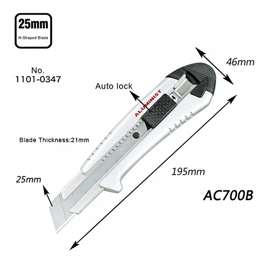 TAJIMA  1101-0347 Aluminum Alloy Utility Knife with 2Pcs Replaceable H-type Blades Automatic Lock Retractable Wallpaper Knife