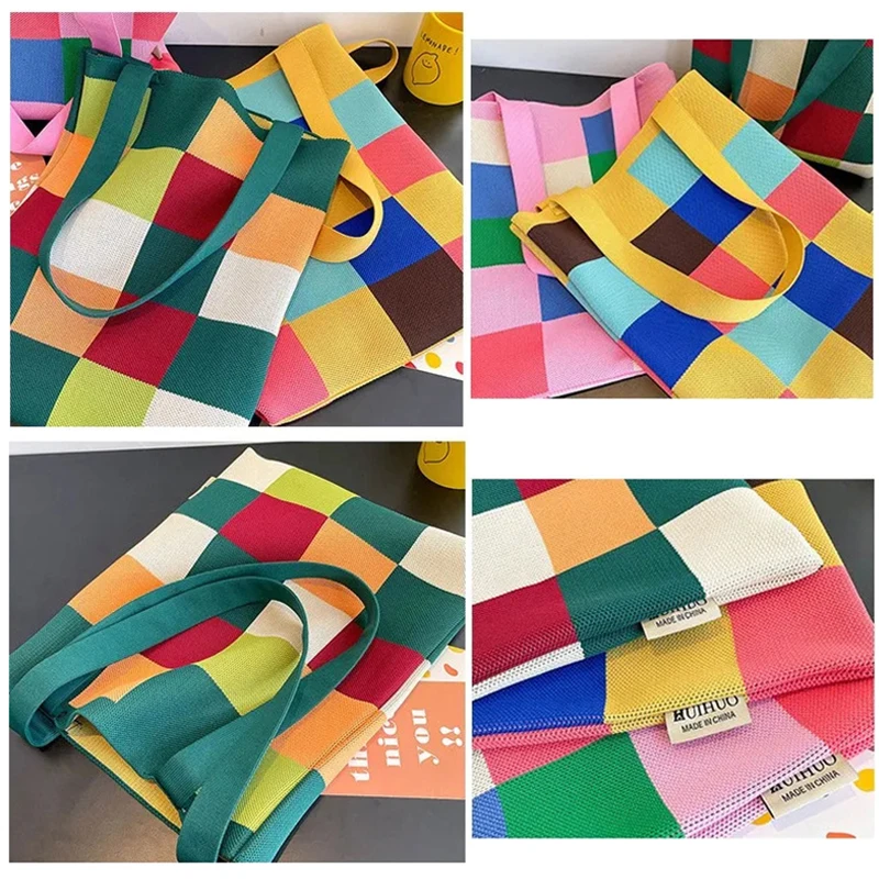 Large Capacity Knit Handbag Women Fashion Shoulder-bag Casual Color Wide Stripe Plaid Tote Bag Student Reusable Shopping Bag