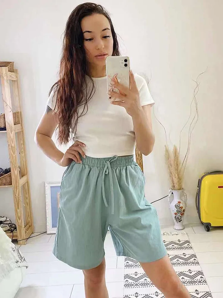 2024 Women Cotton shorts Summer Casual Solid Cotton Linen shorts high waist loose shorts for girls Soft Cool female shorts