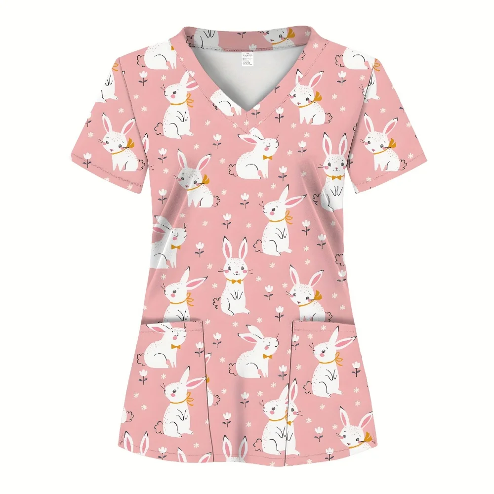 Damska bluzka medyczna z krótkim rękawem, dekoltem w serek i kieszenią, uroczy króliczek i jajko, letnia, codzienna, wygodna, z kieszeniami, odzież medyczna.