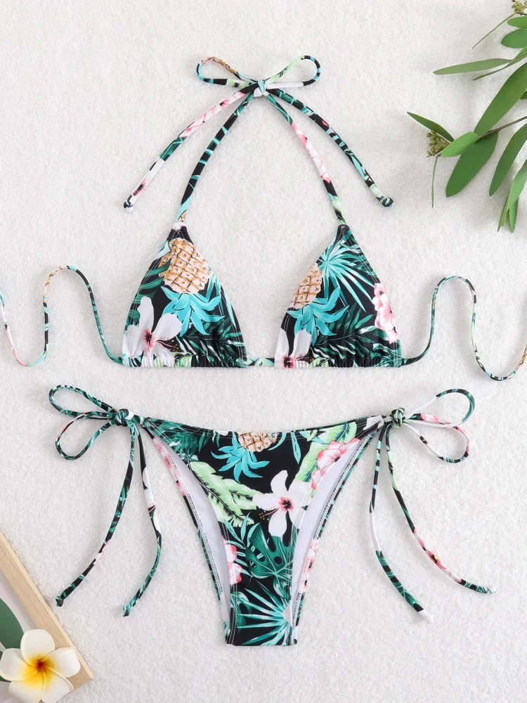 

Bikini Women Swimsuit 2025 New Green Print Halter Bikinis Set Sexy Lace Up Swimwear Summer 2 Piece Beachwear Bathing Suit Female