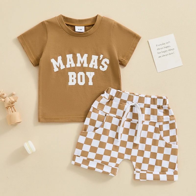 Toddler Baby Boys Clothing Casual Short Sleeve Letters Print T-shirt with Plaid Shorts Sets Summer Outfits Clothes
