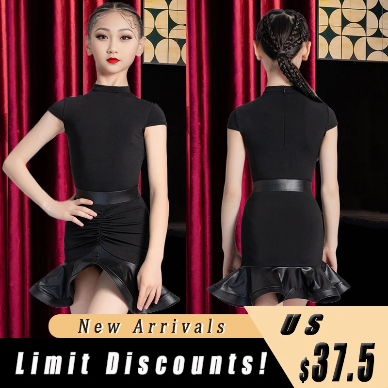 

Новинка, детская одежда для латиноамериканских танцев, танцевальное платье для девочек, черная стропа, тренировочный костюм для выступлений XH288