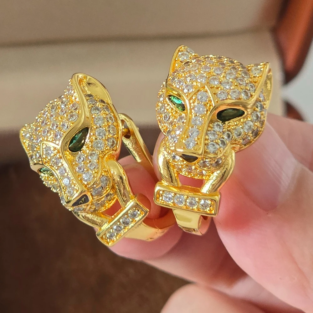 

Full 3A Zircon Green Eyes Panther Leopard Head Hoop Earrings 18K gold plated Luxury Designer Party Jewelry For Women Wholesale