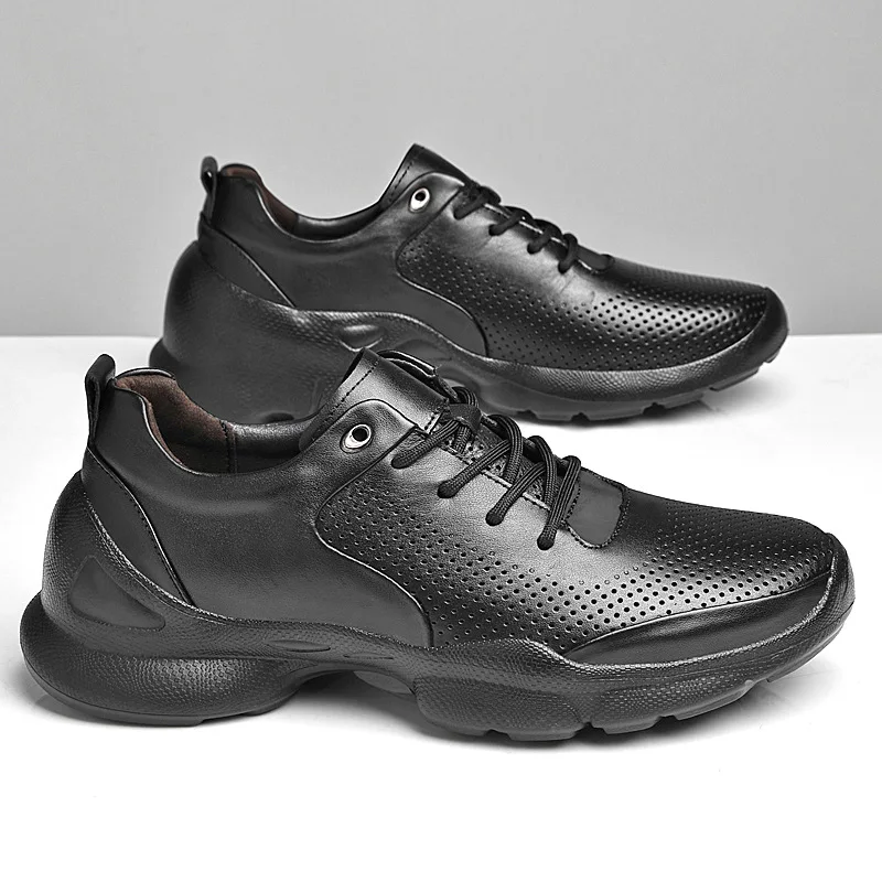 Summer Hollow Breathable Men's Toe Layer Cowhide Surface Fashionable Men's Casual Single Shoe Comfort Front Lace Up Sports Shoes