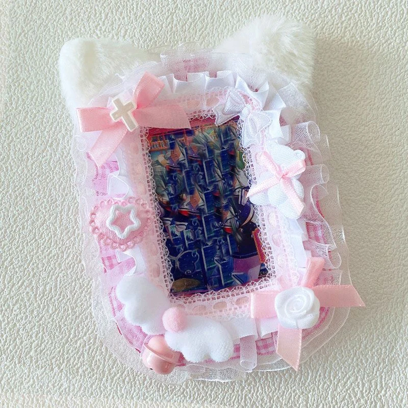 Handmade 3‑inch photocard holder, plush cat ear design, layered lace ruffle, bow cross star angel wing rose bell decor, clear PVC, for idol anime collectible cards, dust‑proof protective display for hobby collections