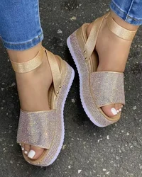 Sandały na platformie koturny damskie 2024 modne buty letnie kobiety eleganckie obcasy moda impreza sukienka stylowe dziewczyny czarne Rhinestone