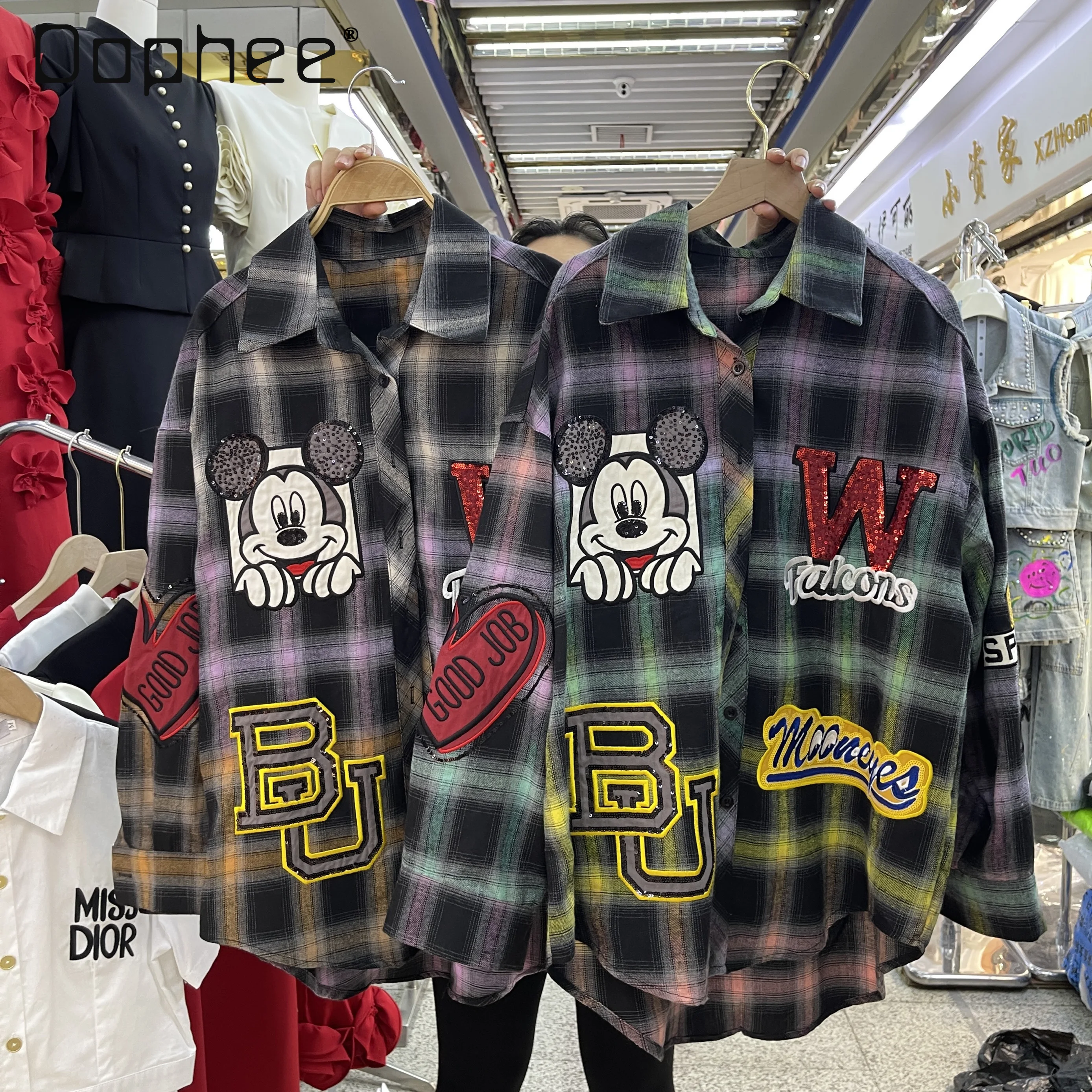 

2025 Spring New Korean Version Loose and Versatile Plaid Shirt Women's Design Cartoon Letter Embroidery Sequins Long Sleeve Top